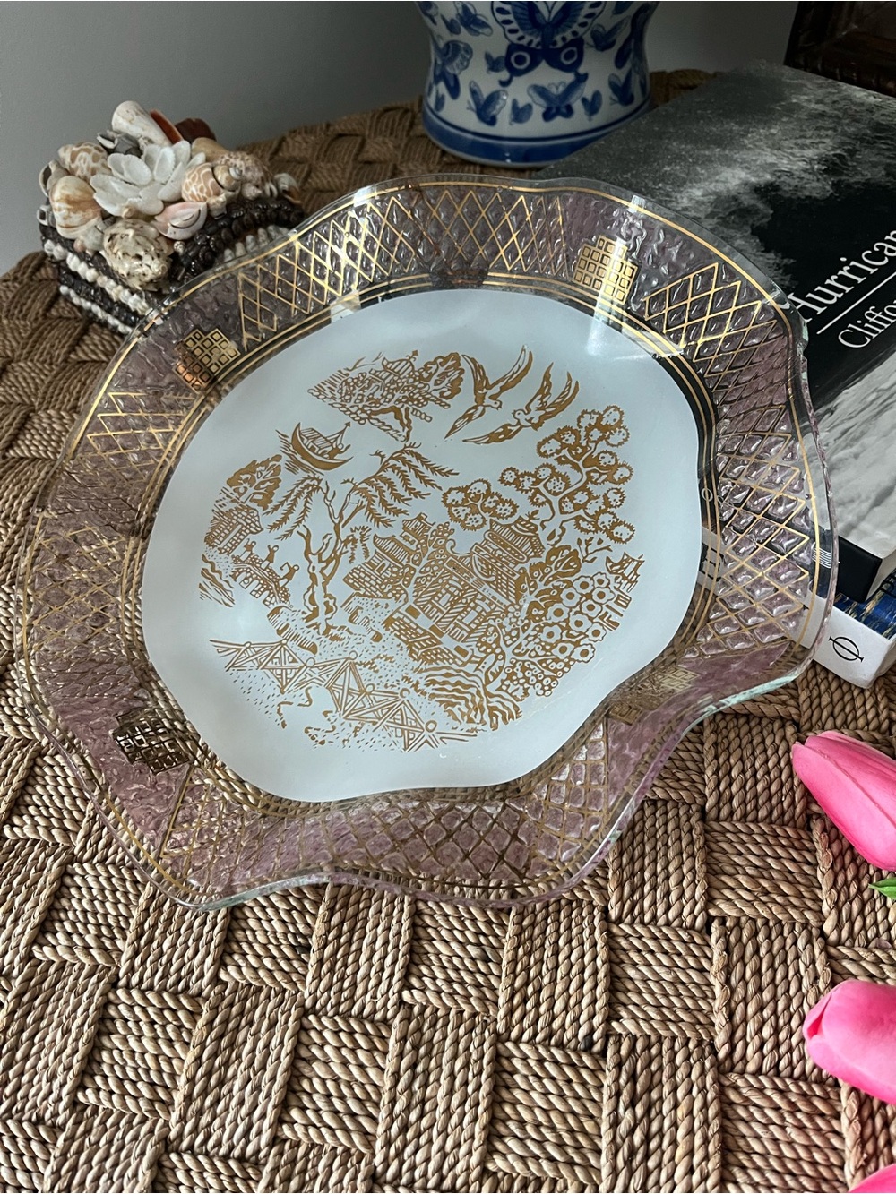 Vintage Blue Willow Glass Ruffled Edge Serving Plate